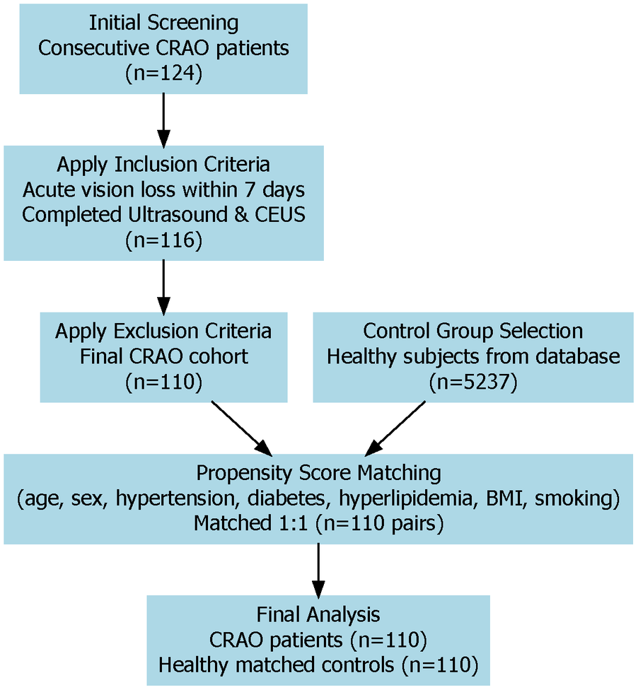 Flowchart illustrating the selection process for CRAO and control participants. Initial screening of 124 CRAO patients, applying inclusion criteria reduced to 116, then exclusion criteria formed a cohort of 110. Simultaneously, 5,237 healthy controls were selected. Propensity score matching was applied, considering factors like age, sex, and medical conditions, resulting in 110 matched pairs for final analysis.