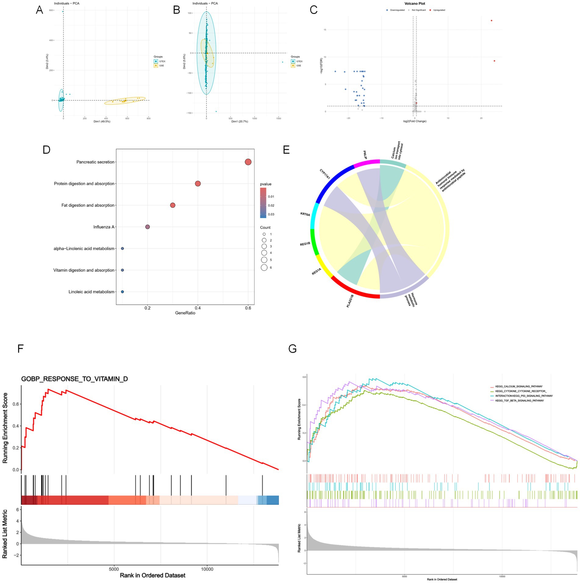 Panel of figures displaying various types of data visualizations: A and B show PCA plots with group differentiation; C presents a volcano plot with significance markers; D is a dot plot highlighting gene set enrichment by category and significance; E features a circular diagram mapping relationships among variables; F and G demonstrate enrichment scores over ranked datasets, with annotations of trends and enriched pathways.