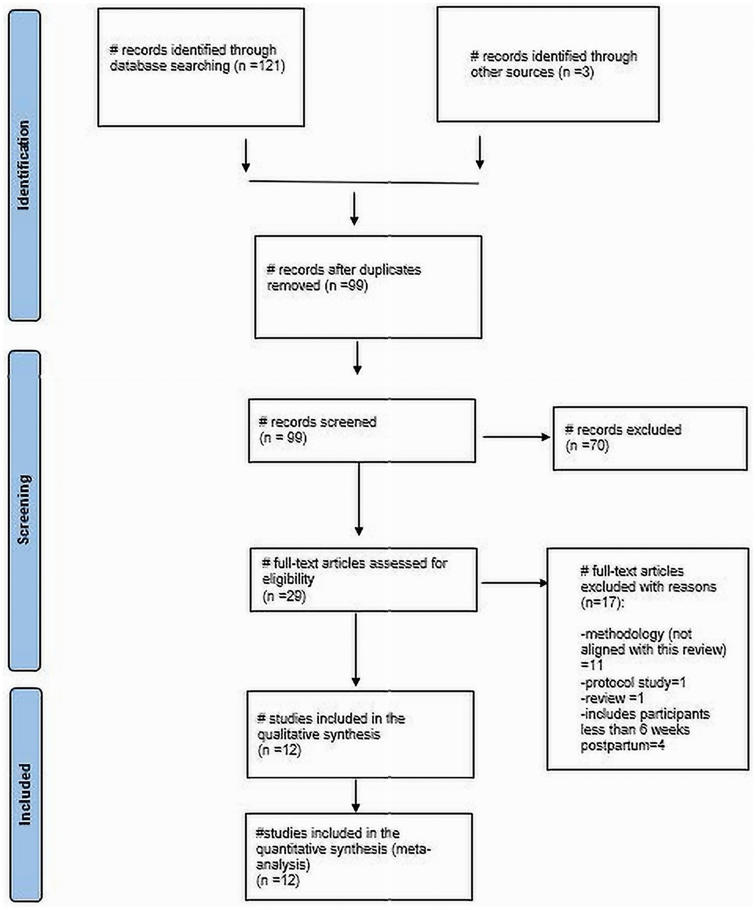 Flowchart illustrating the process of study selection. From 121 records identified via database searches and 3 through other sources, duplicates were removed, leaving 99 records. After screening, 70 were excluded, with 29 full-text articles assessed for eligibility. Seventeen full-text articles were excluded for reasons including methodology (11), being a protocol study (1), review (1), and participant criteria (4). Twelve studies were included in both qualitative and quantitative synthesis.
