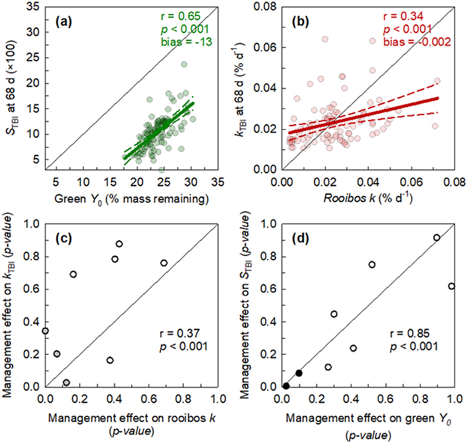 Graphs comparing mass remaining over 120 days for green tea and rooibos tea.
(a) Green tea shows a rapid decline initially, stabilizing around 20%. Equation: M(t) = 24.1 + 74.4e^(-0.17t), R² = 0.93, p < 0.001.
(b) Rooibos tea shows a more gradual decrease, maintaining a higher mass over time. Equation: M(t) = 47.1 + 46.3e^(-0.02t), R² = 0.82, p < 0.001.