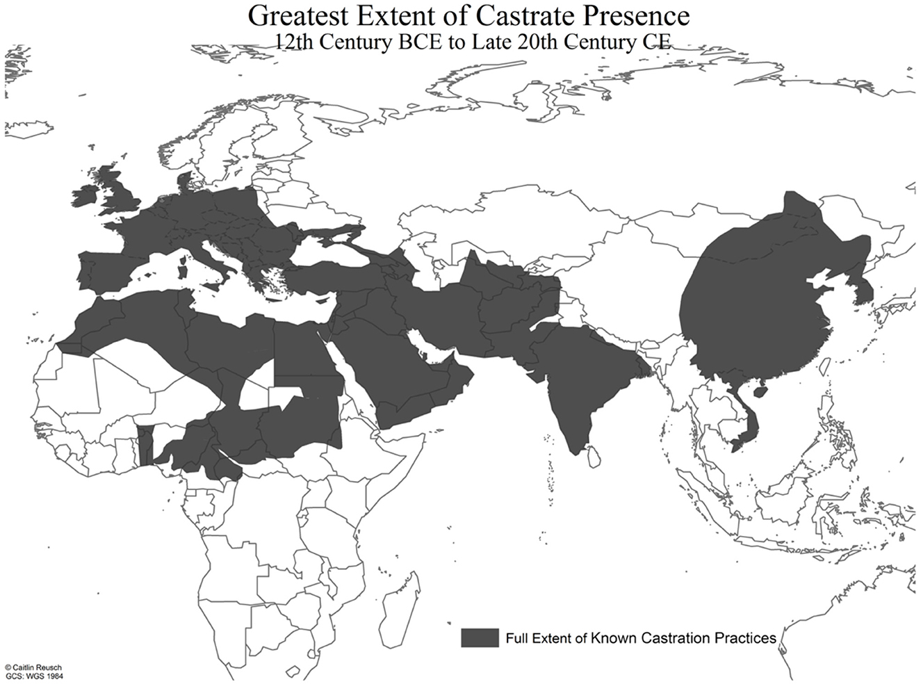 Map showing the greatest extent of castrate presence from the 12th century BCE to the late 20th century BCE. Shaded areas include Southern, Central, and Western Europe, Northern and Central Africa, Western and Southwestern Asia, the Indian Subcontinent, Korea, China, and Vietnam, indicating regions with known castration practices.