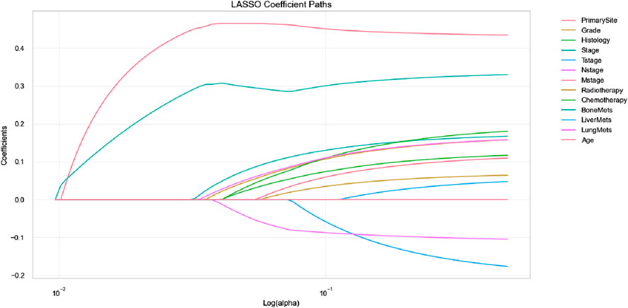Line plot illustrating LASSO coefficient paths across various features with Log(alpha) on the x-axis and Coefficients on the y-axis. Distinct lines represent different features like PrimarySite, Grade, Histology, and others, showing how coefficients change as regularization varies.