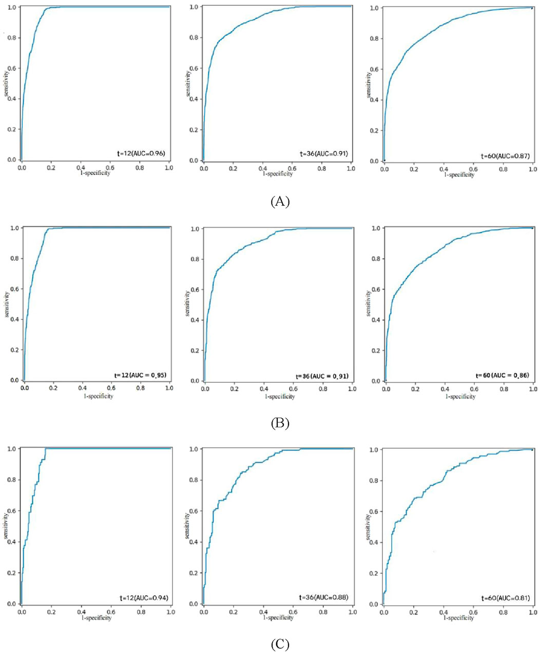 Nine ROC curves are displayed, grouped into three panels labeled A, B, and C. Each curve shows sensitivity versus 1-specificity across different time points (t=12, 36, 60). Panel A shows AUC values of 0.96, 0.91, and 0.87. Panel B shows AUC values of 0.95, 0.91, and 0.86. Panel C shows AUC values of 0.94, 0.88, and 0.81. Each curve captures the diagnostic performance at specific times.