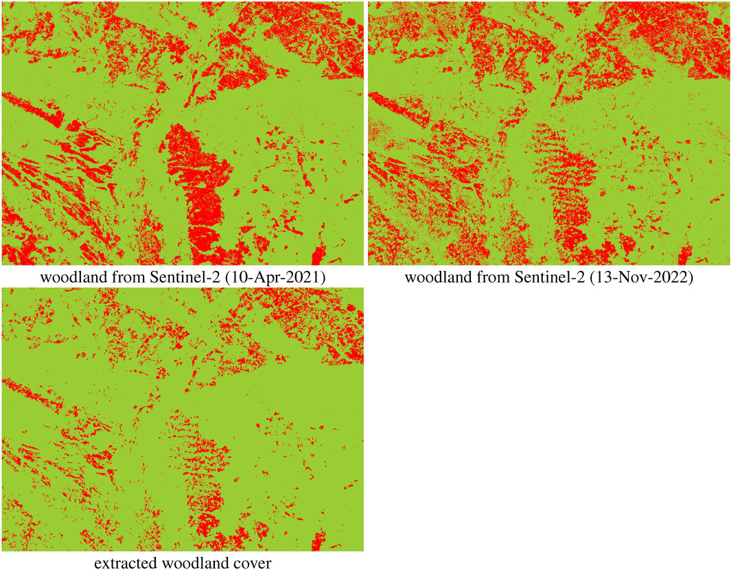 Three satellite images show woodland changes over time. The top left image depicts woodland from Sentinel-2 dated April 10, 2021. The top right image shows woodland from November 13, 2022. The bottom image presents extracted woodland cover, highlighting vegetation (green) and changes (red) across the maps.