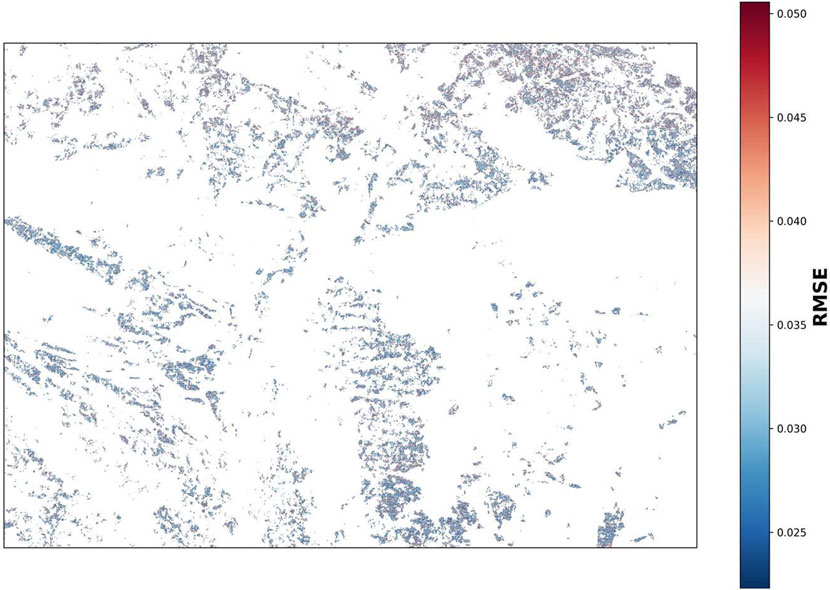 Scatter plot showing regional RMSE values with a color gradient from blue to red representing lower to higher values. The scale ranges from 0.025 to 0.050 on the right.