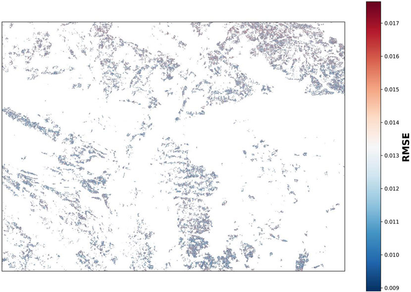 Map with varying shades of red and blue representing RMSE values ranging from 0.009 to 0.017 on a color scale. Darker areas denote higher values.