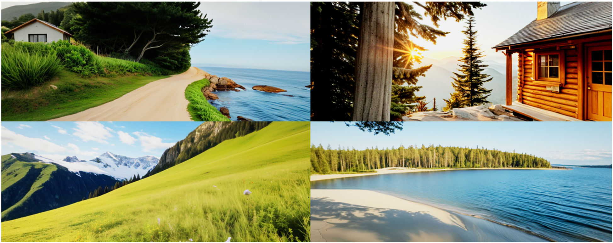 Four scenic landscapes are displayed in a collage: a coastal dirt road beside lush greenery and the ocean; a sunlit log cabin in a forest; a green hillside with mountains and clear skies; a tranquil lakeside with white sand and dense trees.