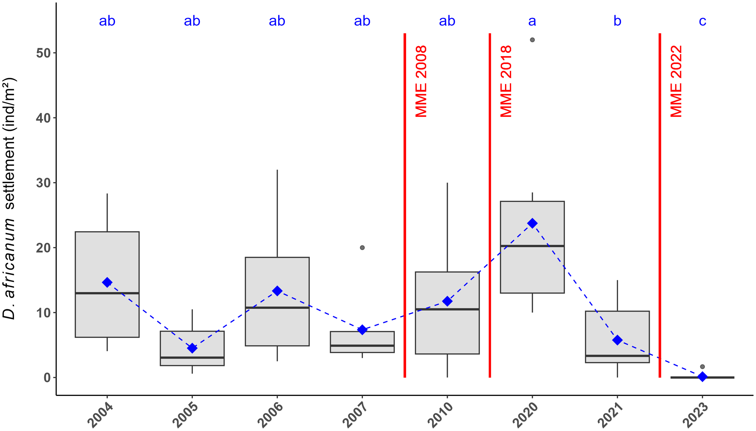 Boxplot showing annual settlement of *D. africanum* from 2004 to 2023, measured in individuals per square meter. The plot includes blue letters above each box indicating statistical significance and blue diamonds connected by a dashed line representing the mean. Red vertical lines mark the Major Marine Events (MME) in 2008, 2018, and 2022. The data suggests variability across years, with distinct peaks and declines.
