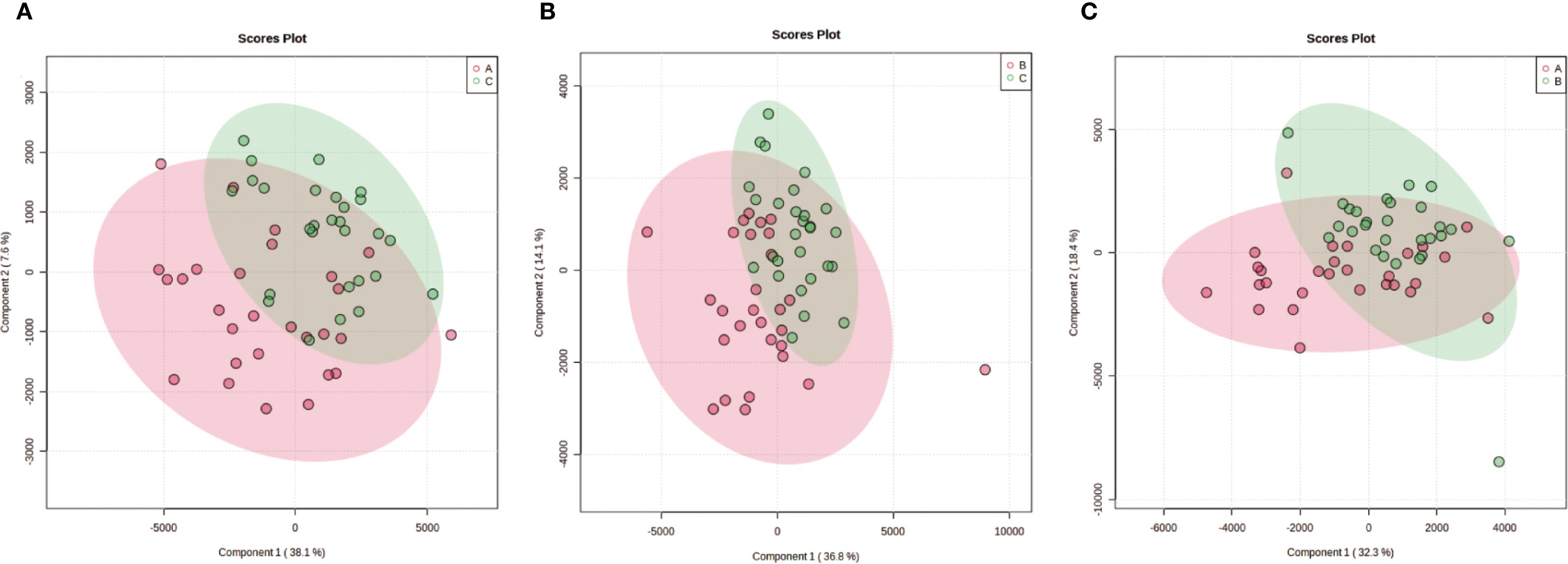 Three charts labeled A, B, and C display VIP scores for various metabolites. Each chart has a vertical list of metabolites on the Y-axis and VIP scores on the X-axis. Heatmaps beside each chart indicate high to low values with a red to blue color gradient. Chart A highlights metabolites like progesterone and androstan-3alpha. Chart B features 1-stearoyl-sn-glycerol and oleamide. Chart C emphasizes 1-stearoyl-sn-glycerol and erucamide.