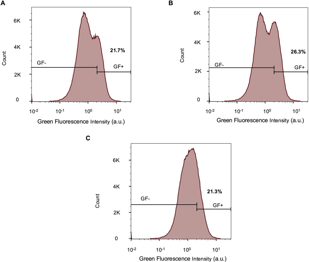 Flow cytometry histograms labeled A<B, and C show green fluorescence intensity against cell count. A: Slightly bimodal peak with 21.7% GF+. B: Slightly bimodal peak with 26.3% GF+. C: Single peak with 21.3% GF+. GF- and GF+ regions are marked on each graph.