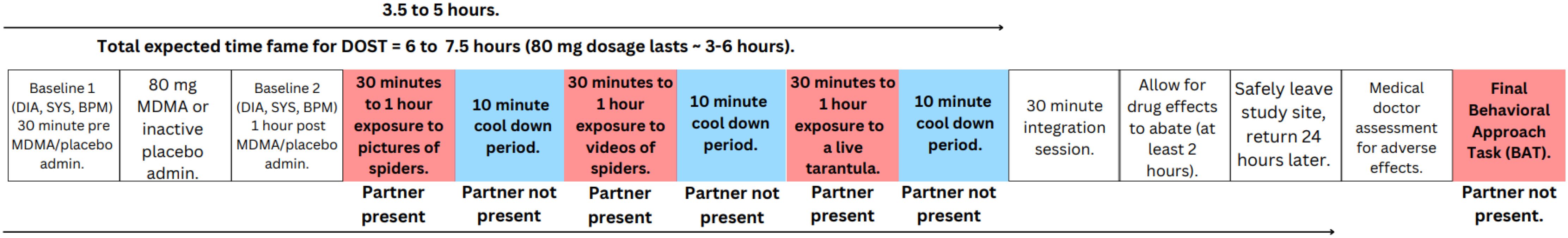 Expected timeframe for DOST: six to seven and a half hours. It includes physiological baseline measurements, MDMA/placebo administration, graded exposure culminating to exposure with live spiders, integration sessions, and adequate time for drug effects to abate. Partner presence varies. Ends with final Behavioral Approach Task.