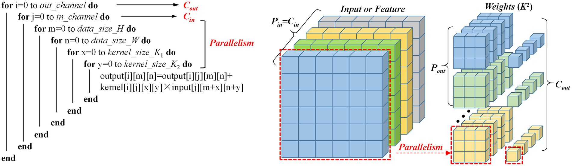 Code snippet illustrates nested loops used for convolution operations in neural networks, aligning with a graphical representation. The left shows loops iterating through output channels, input channels, data size, and kernel size. The right features 3D cubes representing input features and weights, indicating parallelism in operations.