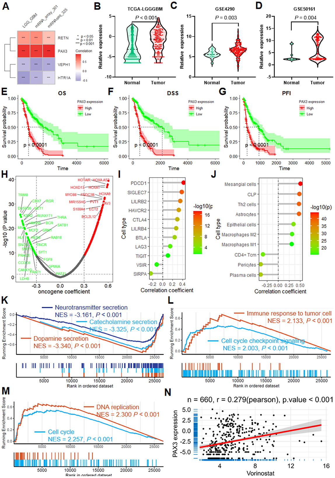 A multi-panel scientific figure includes various visualizations and charts. Panel A shows a heatmap comparing gene correlations. Panels B, C, and D display violin plots of PAX3 expression between normal and tumor samples in different datasets, indicating significant differences. Panels E, F, and G are Kaplan-Meier plots showing survival probabilities with high or low PAX3 expression. Panel H presents a volcano plot highlighting gene significance. Panels I and J feature dot plots of cell type correlation coefficients. Panels K, L, and M show enrichment plots for various biological processes. Panel N is a scatter plot correlating Vorinostat dosage with PAX3 expression.