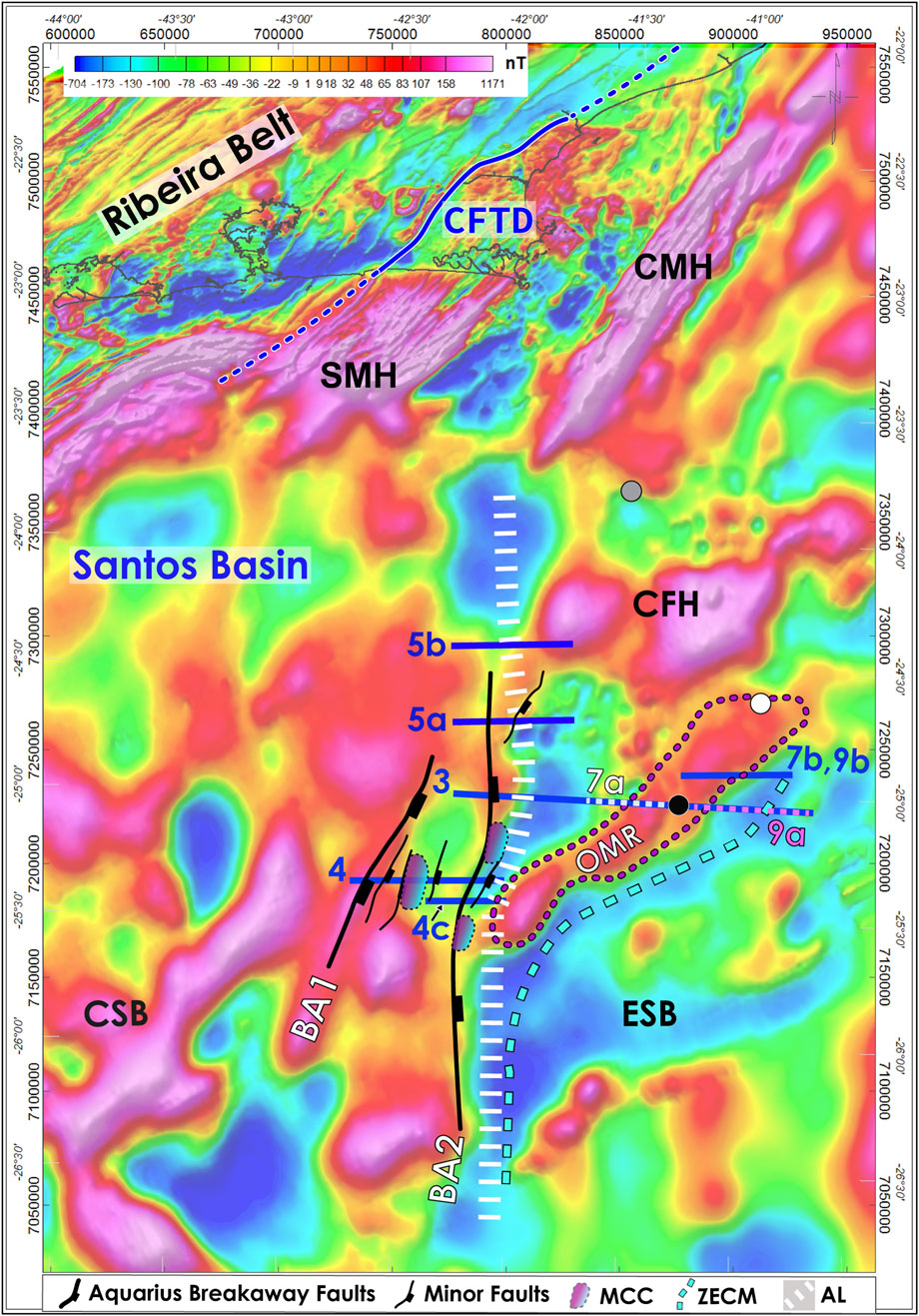Geological map showing magnetic anomalies in the Santos Basin area. The image includes a color gradient ranging from dark blue to pink, representing magnetic intensity in nanoteslas. Various faults and structural features like the Ribeira Belt, CFTD, and OMR are labeled. Lines indicating different types of faults, such as Aquarius Breakaway Faults and Minor Faults, are marked with specific patterns. Key geological sections are labeled, such as CSB, ESB, CFH, and SMH, along with directional coordinates on the borders.
