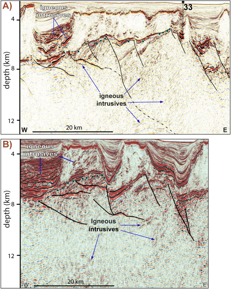 Seismic sections A and B show igneous intrusions marked by arrows at depths from four to twelve kilometers. The horizontal scale indicates a distance of twenty kilometers from west to east.