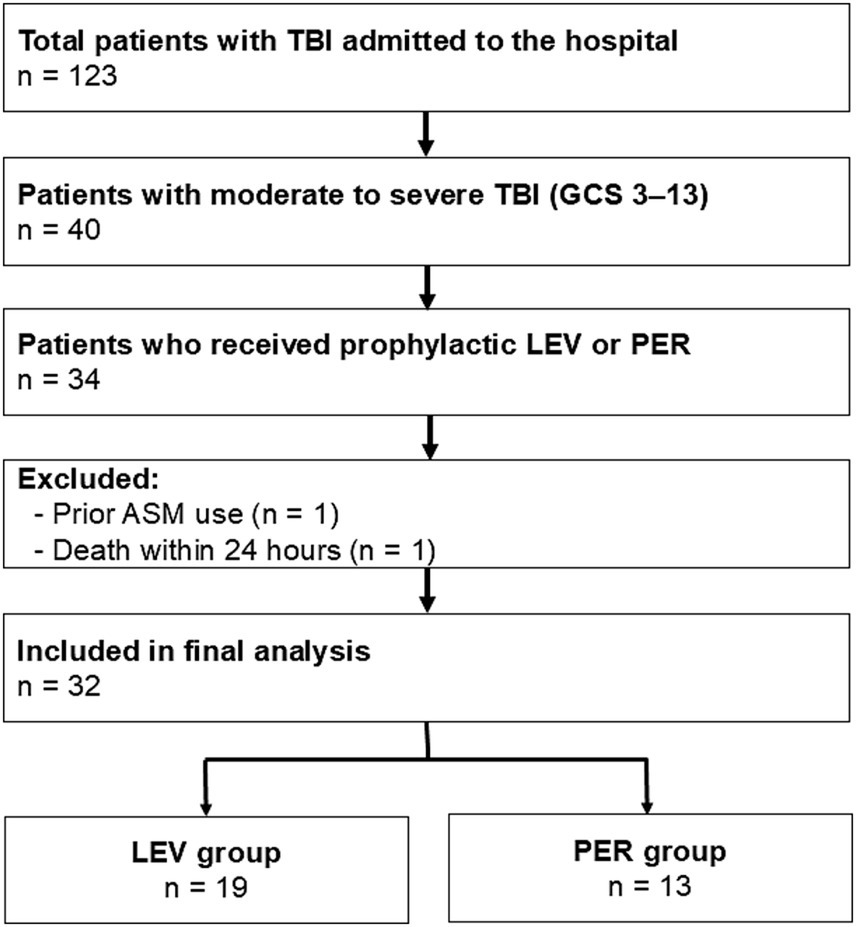 Flowchart illustrating patient selection in a traumatic brain injury (TBI) study. Out of 123 patients, 40 had moderate to severe TBI. Thirty-four received prophylactic medications LEV or PER. After excluding two patients due to prior ASM use or death within 24 hours, 32 were included in the final analysis. Nineteen patients were in the LEV group, and 13 were in the PER group.