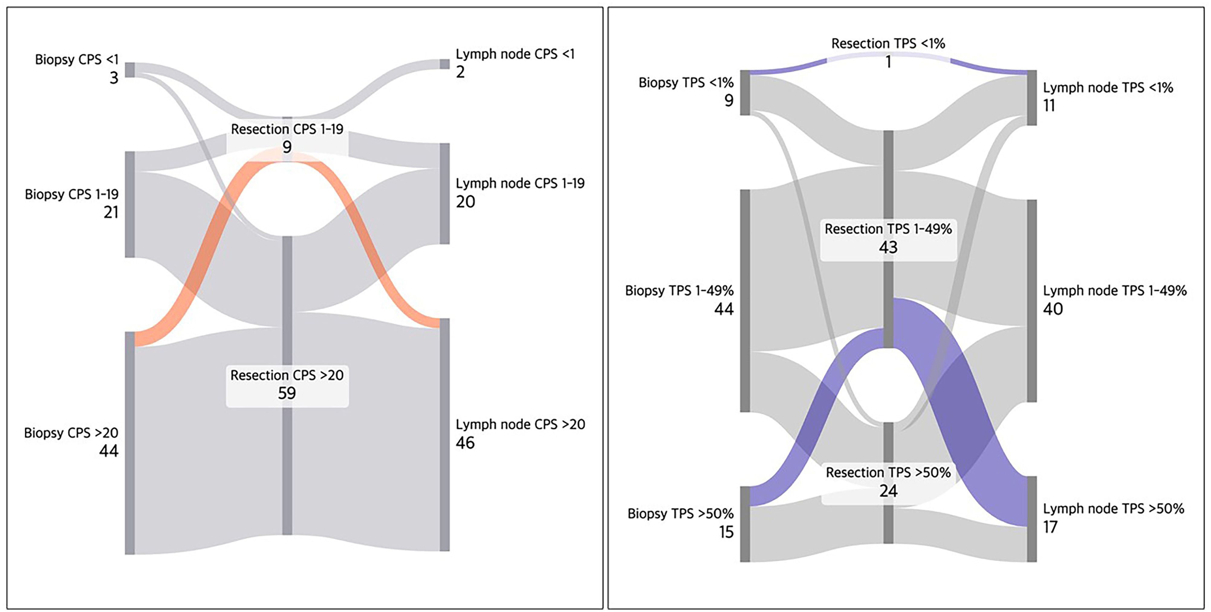 Flow diagrams depict biopsy, resection, and lymph node data. The left shows CPS (combined positive score) categories with paths labeled for biopsy and resection scores: <1, 1-19, >20. The right shows TPS (tumor proportion score) with paths for biopsy and resection scores: <1%, 1-49%, >50%. Arrows indicate data flow between scores with numbered labels.