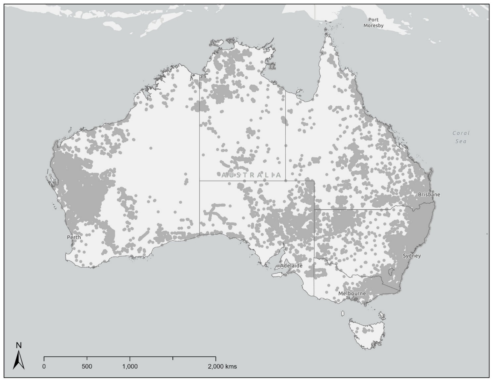 Map of Australia showing distribution patterns of free-roaming dogs from January 2010 to April 2025 collected from three sources, WildDogScan Atlas of Living Australia and a national DNA project. Free-roaming dogs are widespread but records were fewer in the desert areas and in tropical northern Australia where the human population is lower and where cropping is extensive. More records were collected along Australia’s eastern coast extending from Rockhampton in Queensland, into NSW and Victoria, along and east of the Great Dividing Range. A second high concentration of free-roaming dog records is evident along the coast of Western Australia from Exmouth to Perth and extending east to Wiluna.