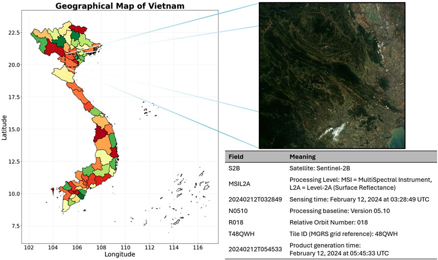 Geographical map of Vietnam colored by regions in various shades, adjacent to a detailed satellite image showing terrain features. A table provides metadata: the satellite is Sentinel-2B, with details on processing level, sensing time (February 12, 2024, at 03:28:49 UTC), and related information.