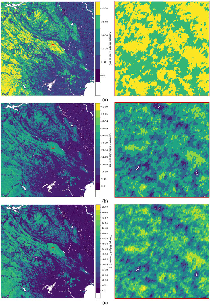 Three panels labeled (a), (b), and (c), each with a map and an inset showing canopy height. The maps display gradient colors representing tree heights, with legends indicating different canopy height ranges in meters. Inset enlargements highlight specific areas, showing detailed variations in color corresponding to height classes.