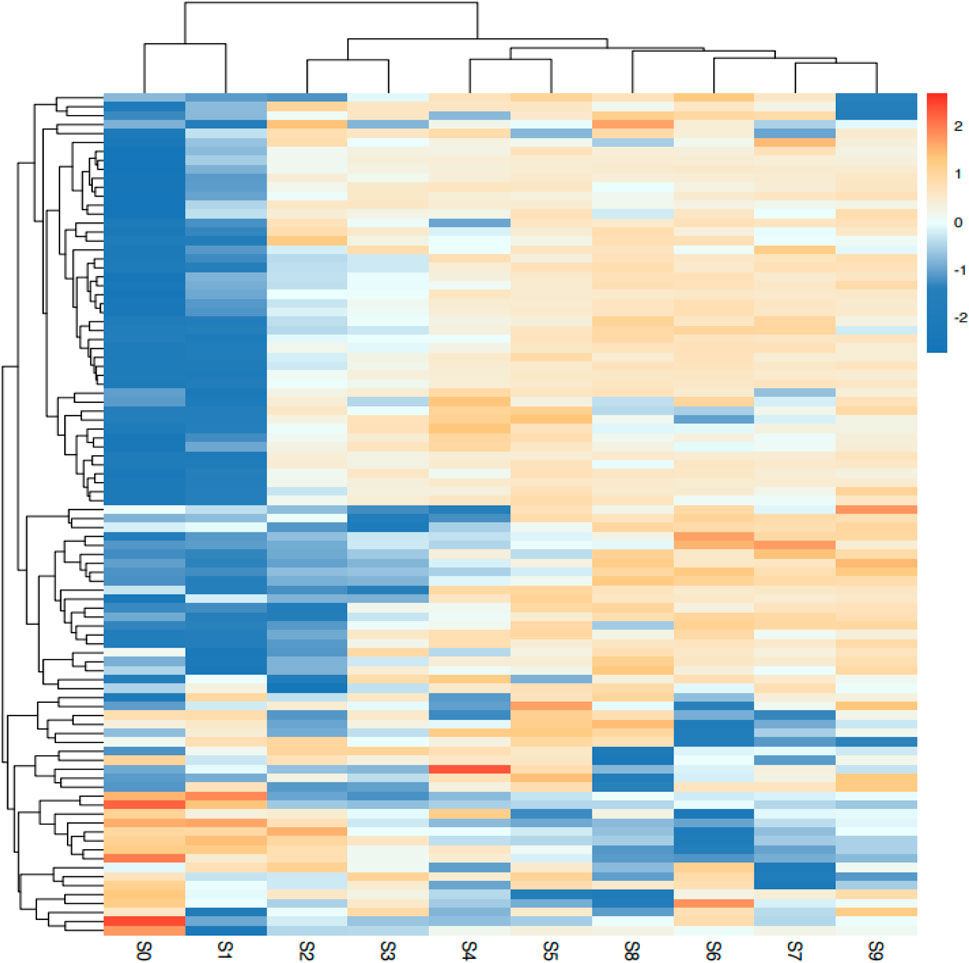 Heatmap displaying hierarchical clustering of data. Rows and columns represent samples and features respectively, with color variations from blue to red indicating different data values. Dendrograms illustrate clustering relationships.