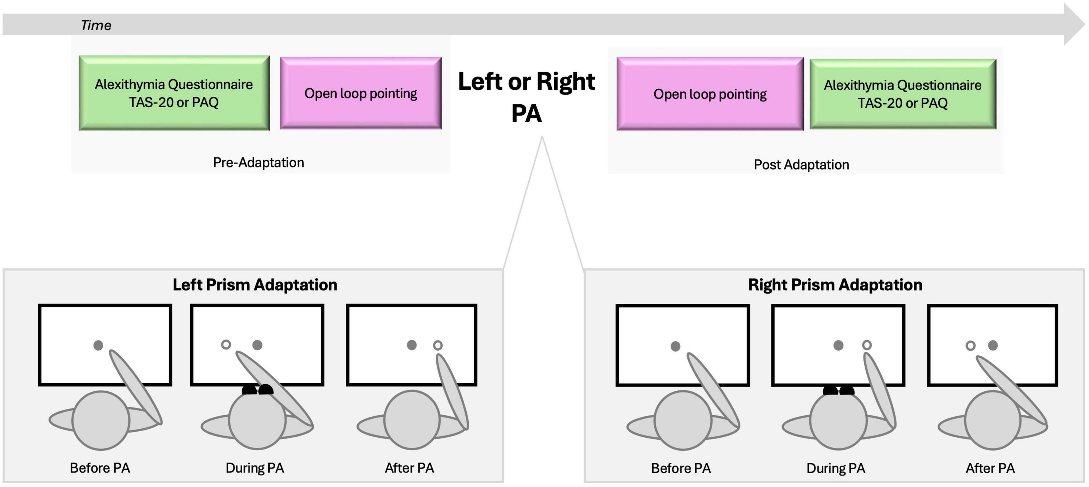 Diagram depicting a study design involving prism adaptation. A timeline indicates pre- and post-adaptation phases with tasks: Alexithymia Questionnaire and open loop pointing. Below, two sets of illustrations show Left Prism Adaptation and Right Prism Adaptation. Each set shows three stages: Before PA (pointing directly), During PA (pointing with prism glasses), and After PA (pointing adjusted).