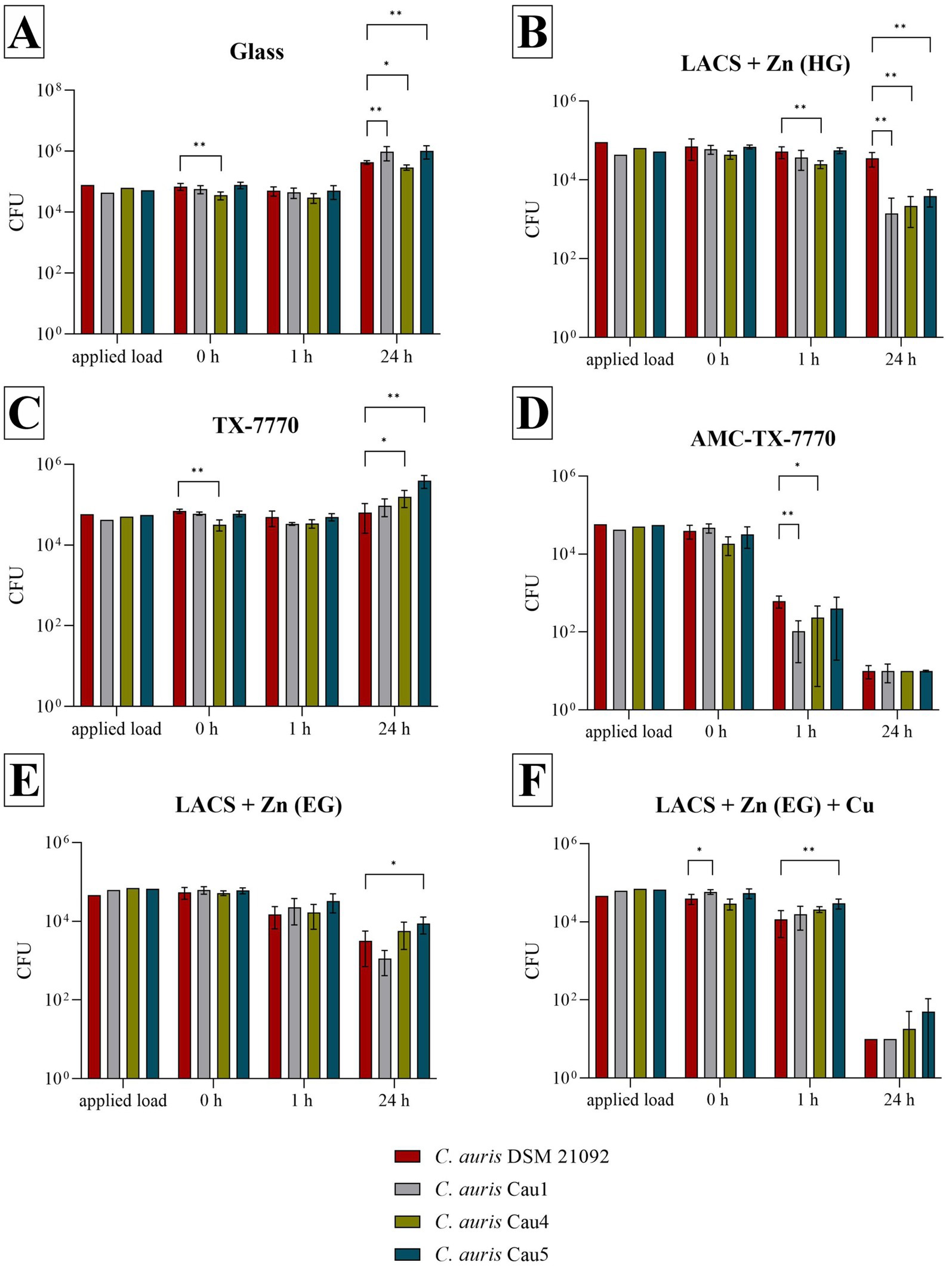 Bar graphs labeled A to F compare the CFU counts between C. auris DSMZ strain and three clinical Isolates (C. auris Cau1, Cau4 and Cau5) on different surfaces over time. Although some significant differences between the strains are indicated by asterisks, a similar behavior can be seen based on the height of the bars. Thus, for D (AMC-TX-7770) and F (LACS + Zn (EG) + Cu), a high decrease in the bars is evident for all strains, suggesting an antifungal effect of the surface used.