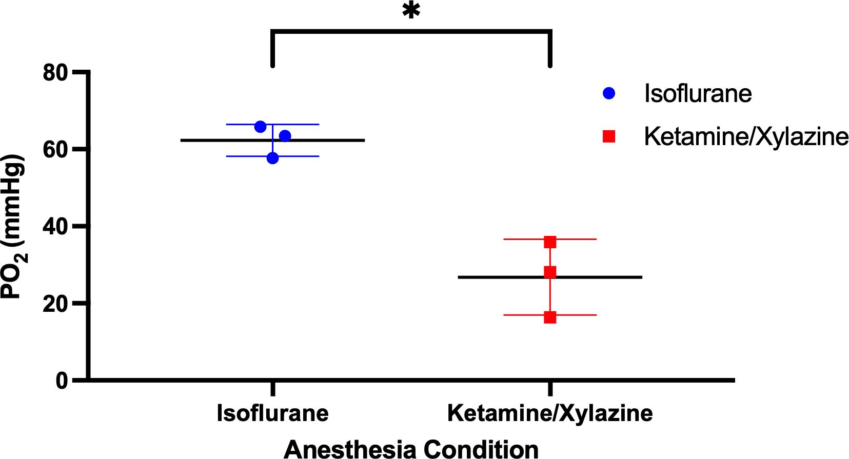 Scatter plot comparing partial pressure of oxygen (PO₂) between Isoflurane and Ketamine/Xylazine anesthesia conditions. Isoflurane, represented by blue circles, averages around 60 mmHg. Ketamine/Xylazine, shown by red squares, averages around 25 mmHg. Asterisk indicates a significant difference.
