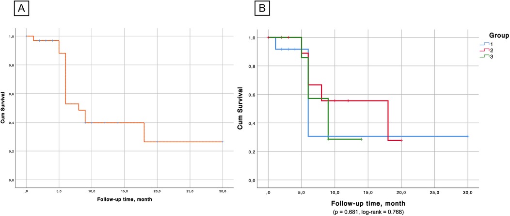 Panel A shows a Kaplan-Meier survival curve with one orange line depicting cumulative survival over thirty months. Panel B shows three Kaplan-Meier curves in blue, red, and green representing different groups. Each line depicts survival rates over time. Panel B includes a legend indicating group numbers and specifies a p-value of 0.681 with log-rank test value 0.768. Both graphs have follow-up time on the x-axis and cumulative survival on the y-axis with tick marks representing censored data points.