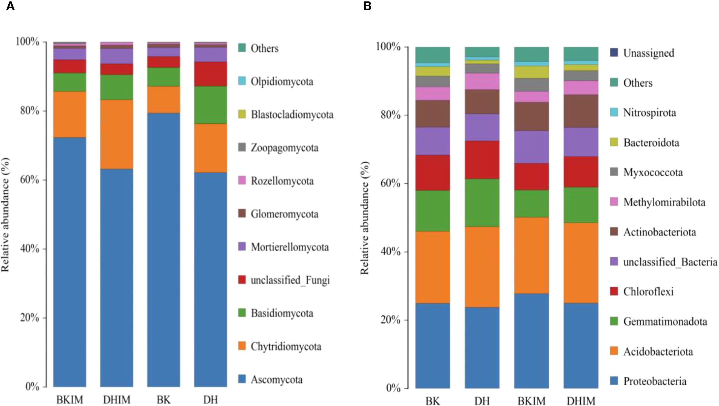 Two stacked bar charts depict the relative abundance of different microbial groups. Chart A shows fungal groups including Ascomycota and Basidiomycota, highlighted in various colors. Chart B displays bacterial groups such as Proteobacteria and Actinobacteriota, also color-coded. Both charts compare four different sample types: BK, DH, BKIM, and DHIM, with a scale from zero to one hundred percent.