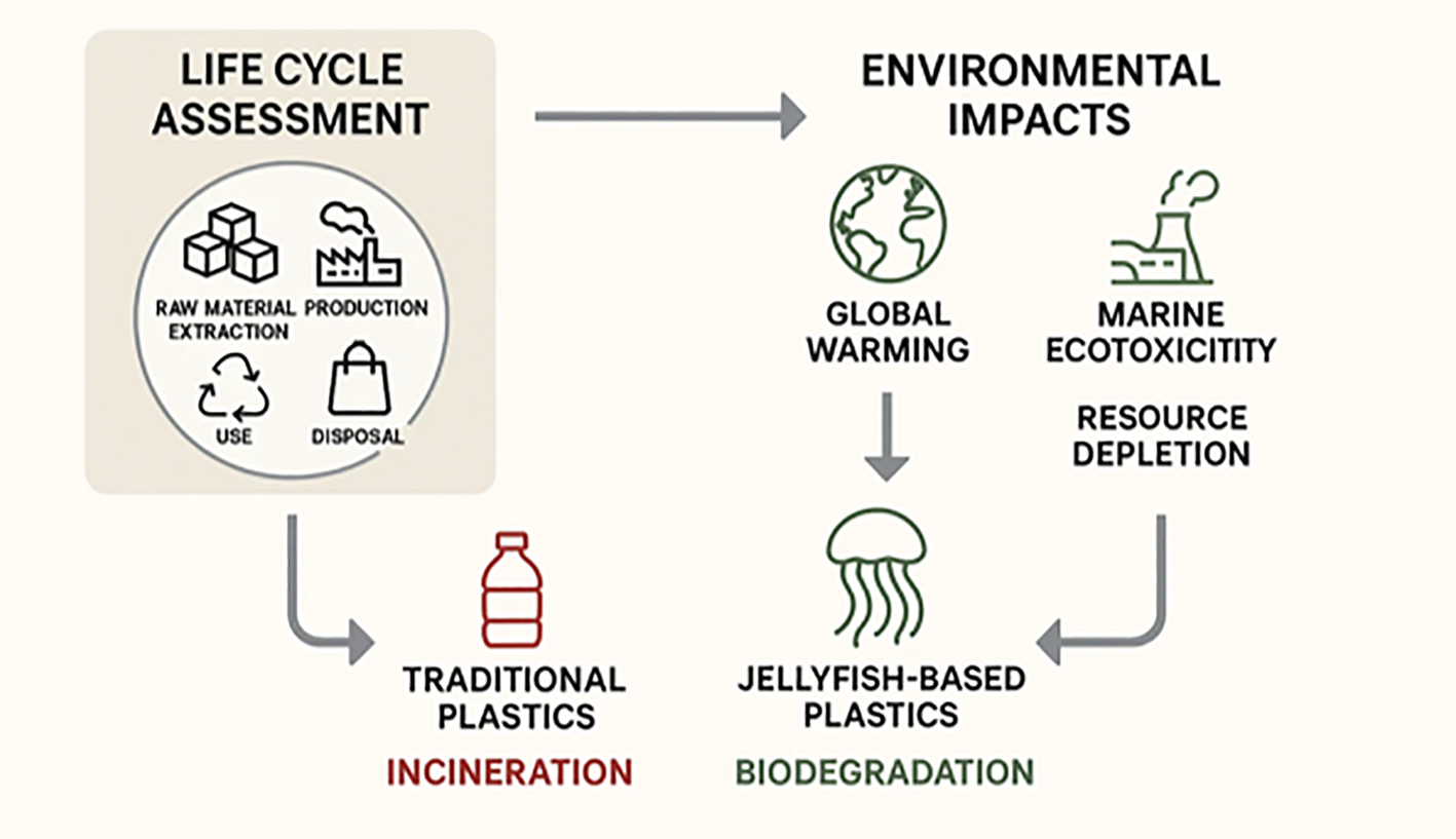 Diagram illustrating the life cycle assessment of plastics. It includes raw material extraction, production, use, and disposal stages, leading to environmental impacts like global warming, marine ecotoxicity, and resource depletion. Traditional plastics undergo incineration, while jellyfish-based plastics undergo biodegradation.