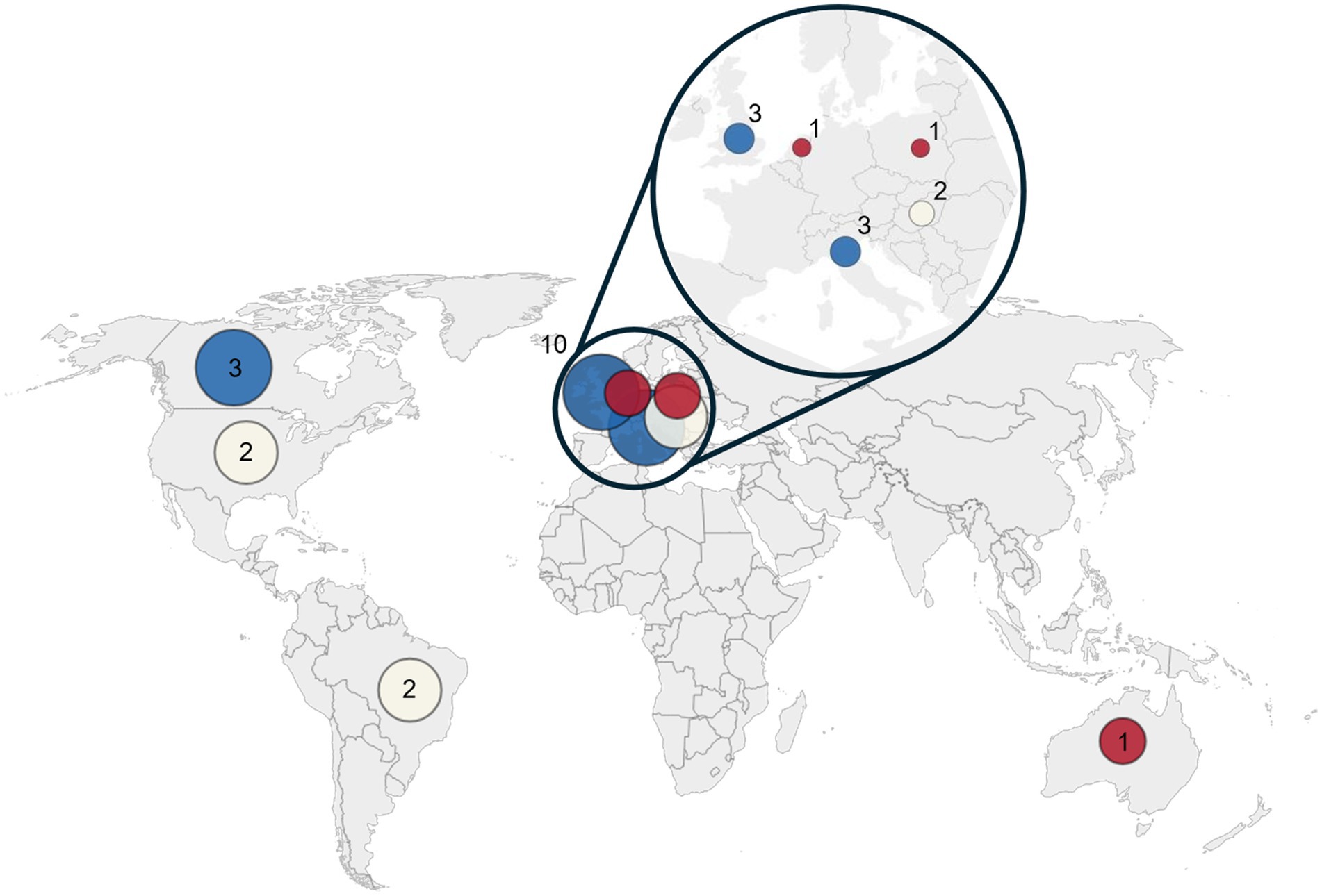 Map showing geographical data points marked by colored circles with numbers. Europe is zoomed in, highlighting multiple points. North America and Australia have individual points. Circles are colored in blue, red, and cream, with numbers indicating values.