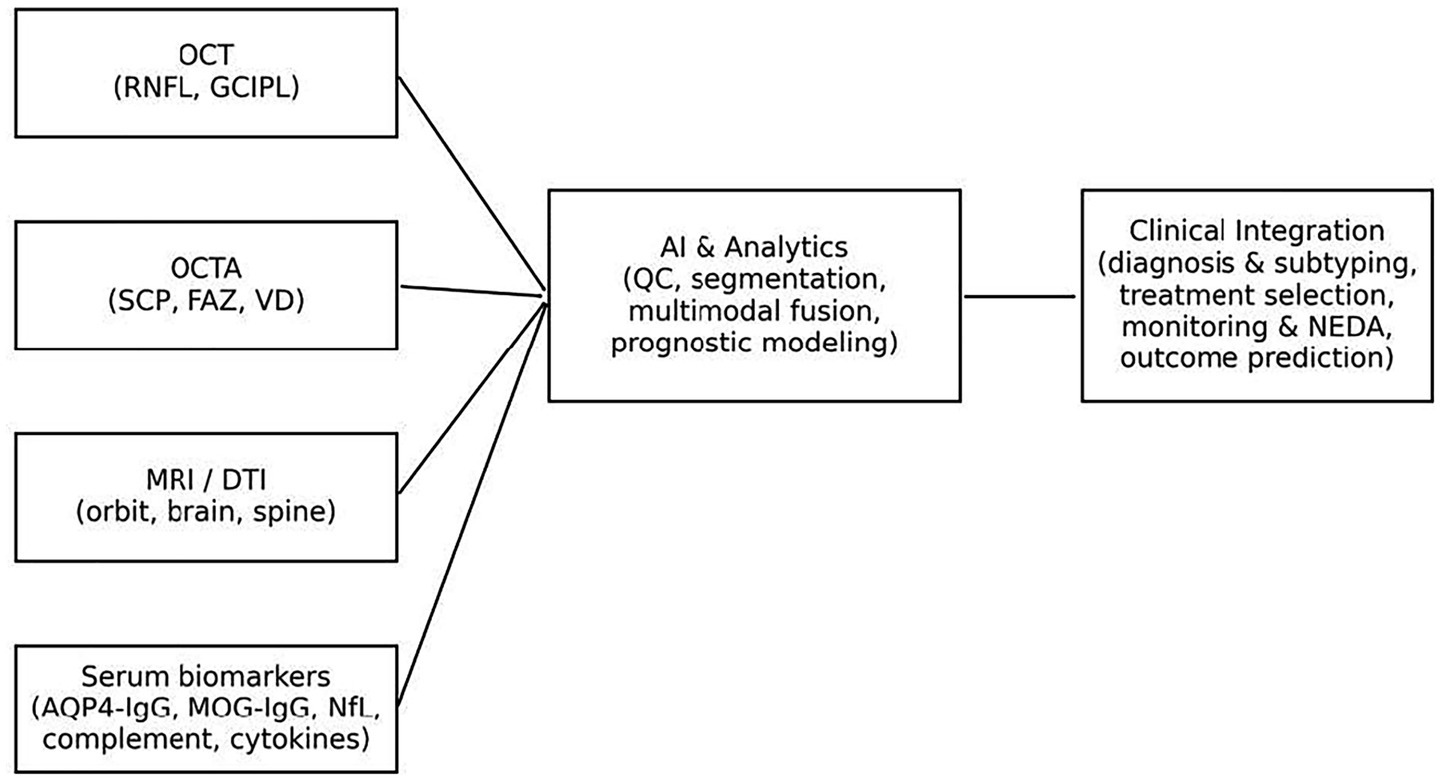 Flowchart illustrating the integration of various medical data sources into clinical practice. Left boxes show data sources: OCT (RNFL, GCIPL), OCTA (SCP, FAZ, VD), MRI/DTI (orbit, brain, spine), and serum biomarkers (AQP4-IgG, MOG-IgG, NfL, complement, cytokines). These feed into AI and analytics for QC, segmentation, multimodal fusion, and prognostic modeling. The results are used in clinical integration for diagnosis, subtyping, treatment selection, monitoring, NEDA, and outcome prediction.