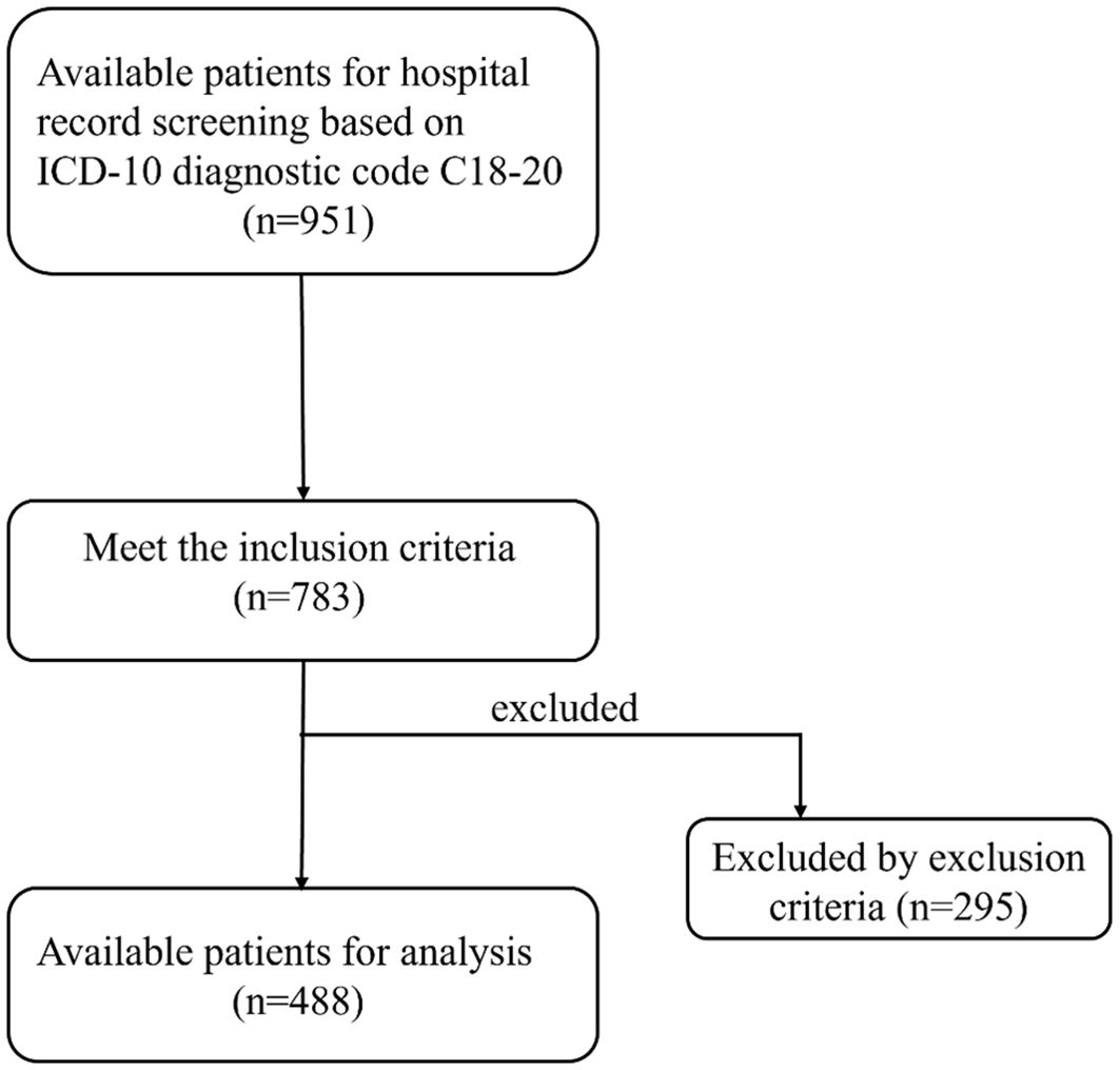 Flowchart of patient selection for analysis. Initially, 951 patients are available based on ICD-10 code C18-20. Of these, 783 meet the inclusion criteria. Subsequently, 295 are excluded by exclusion criteria, leaving 488 available for analysis.