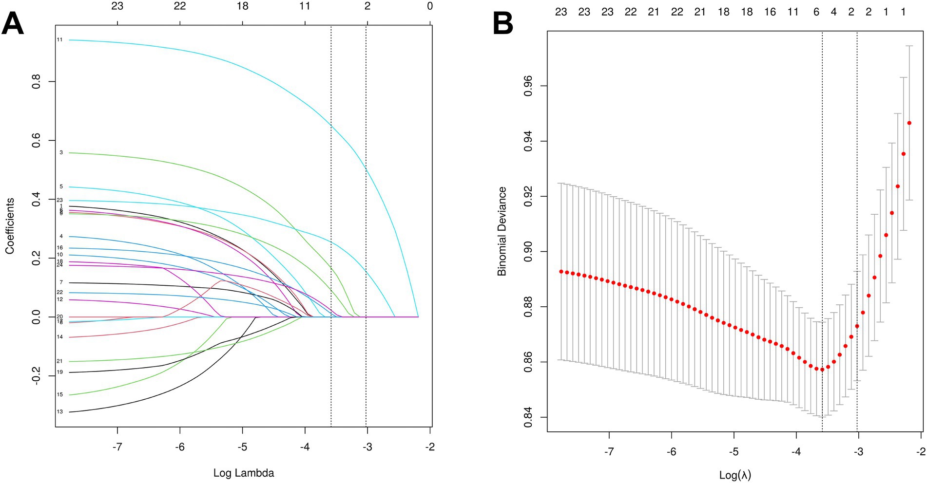 Panel A shows a coefficient path plot for various variables, with coefficients on the y-axis and log lambda on the x-axis. Different lines represent individual variable coefficients as lambda changes. Panel B displays a binomial deviance plot with deviance on the y-axis and log lambda on the x-axis. Red dots indicate deviance values, and error bars represent variability. Vertical lines denote different lambda values in both plots.