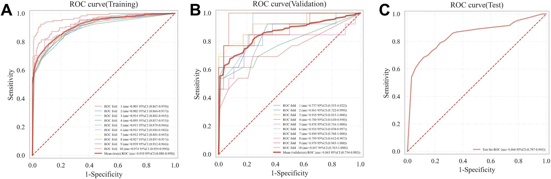 Three panels show ROC curves for model performance. Panel A illustrates the training set with multiple ROC folds and a mean ROC with an AUC of 0.919. Panel B shows validation set ROC curves with an average AUC of 0.863. Panel C displays the test set ROC curve, showing an AUC of 0.866. Each panel has a diagonal line representing random chance.