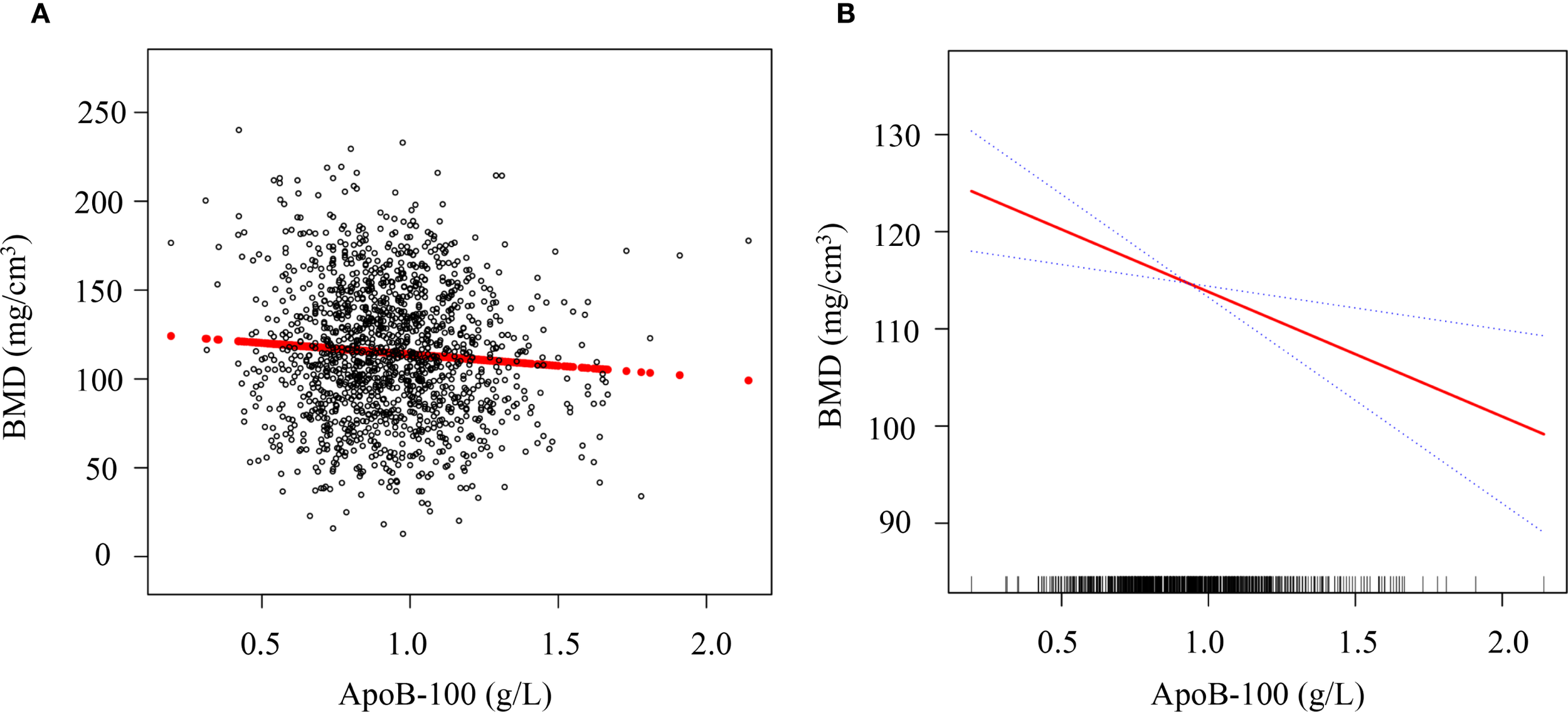 Scatter plots showing the relationship between bone mineral density (BMD) and ApoB-100 levels. Panel A depicts individual data points with a red trend line indicating a slight negative correlation. Panel B presents a linear regression model with confidence intervals, showing a stronger negative correlation between BMD and ApoB-100.