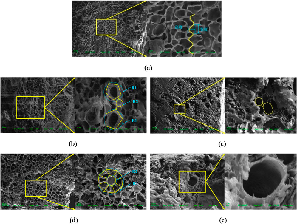 Five black and white scanning electron micrographs show the microstructures of materials. Each panel, labeled a to e, includes magnified views indicated by yellow boxes. In panel (a), blue markers denote distance and width. Panels (b), (c), and (d) feature geometric outlines with labels R1 and R2. Panel (e) focuses on a single pore within the structure.