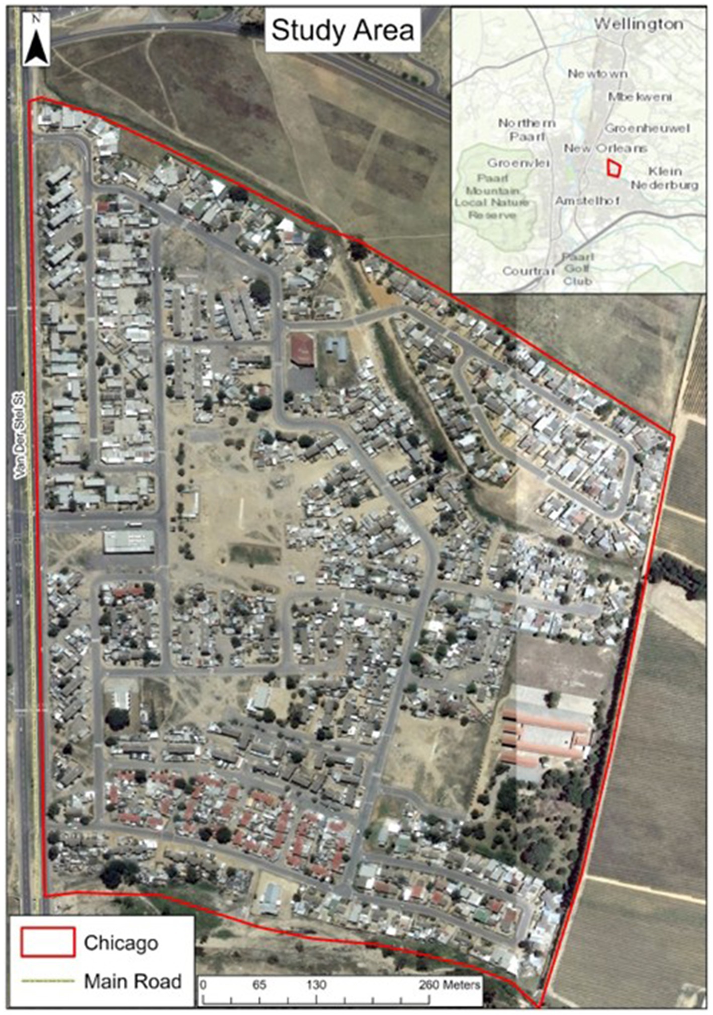 Aerial map of a study area in Chicago outlined in red. The map includes roads and buildings with a scale bar indicating distance. An inset map shows the broader location context within a region labeled with areas like Wellington and Klein Nederburg. The main road is highlighted in green.