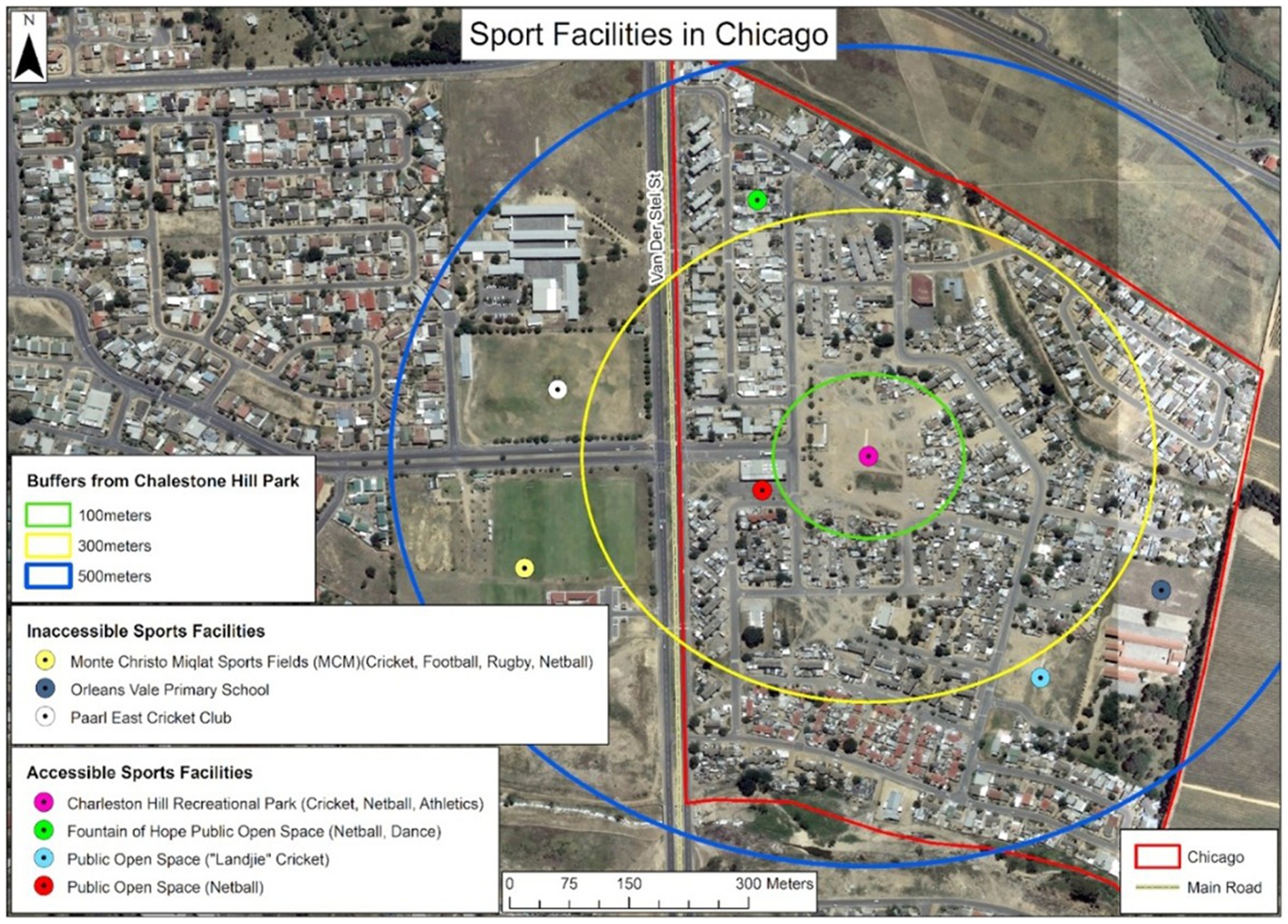 A satellite map showing sport facilities in Chicago with buffer zones around Chalestone Hill Park. Zones are marked in green (100 meters), yellow (300 meters), and blue (500 meters). Accessible sports facilities are denoted by red, pink, and green dots, while inaccessible ones are marked by yellow, black, and blue dots. Main roads are highlighted. A legend in the corner explains the symbols.