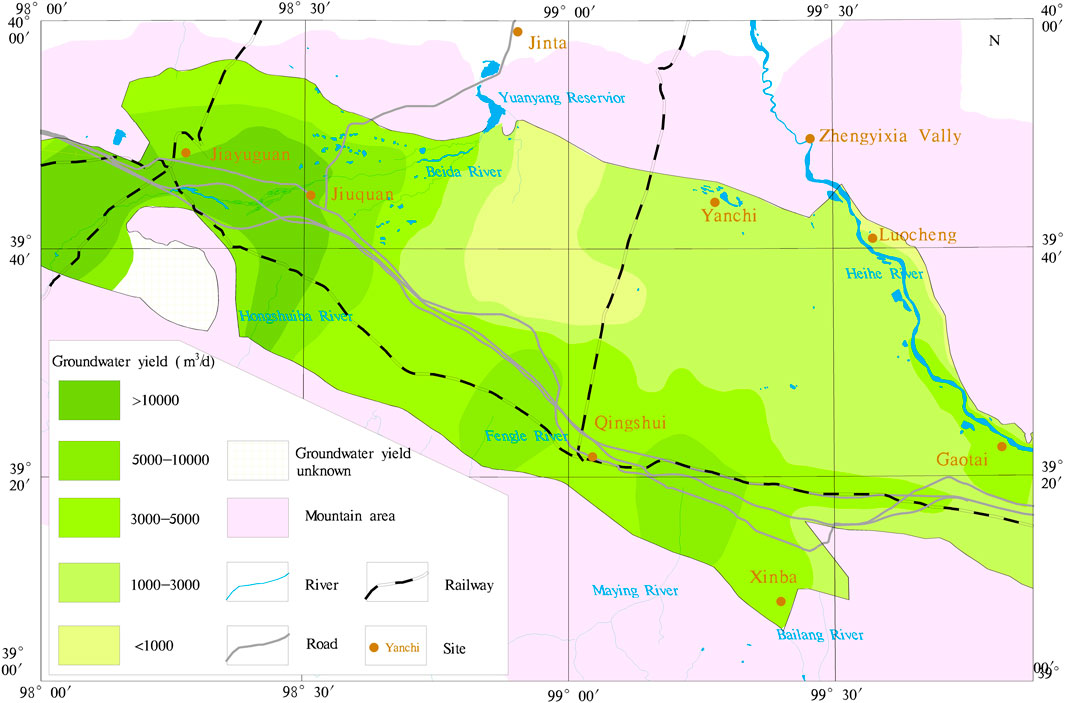 Map showing groundwater yield in a region with areas marked in different shades of green to indicate yield levels, ranging from over ten thousand to less than one thousand cubic meters per day. Main towns and rivers are labeled, including Jiuquan, Qing Shui, and Heihe River. Black lines represent railways, while gray lines denote roads. Light pink areas indicate mountain regions. The map includes a legend for interpretation.