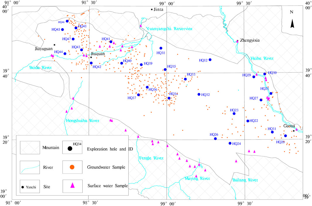 Map depicting exploration holes, groundwater samples, and surface water samples in a geographic area. Key features include rivers, notable sites like Jiayuguan and Jinta, and labeled exploration holes such as HQ34. A legend explains symbols: blue circles for exploration holes, orange dots for groundwater samples, and pink triangles for surface water samples.