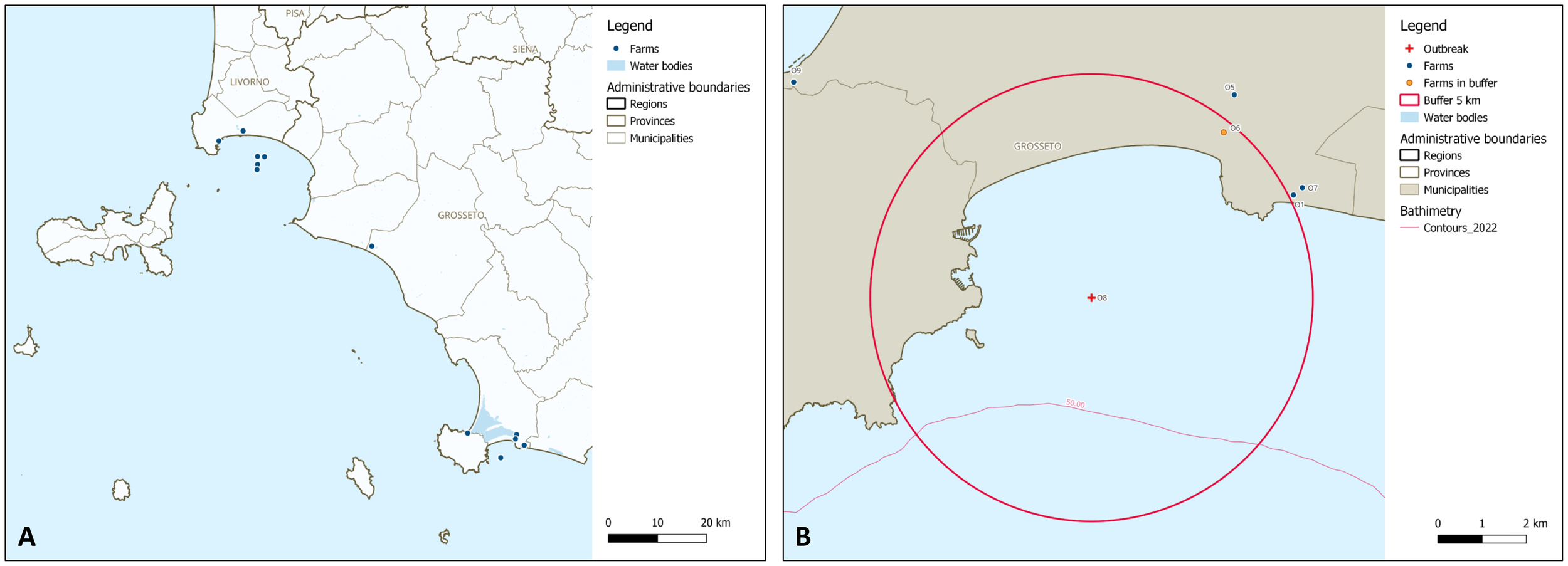 Map A shows farms and water bodies in the Tuscany region, with administrative boundaries marked. Map B highlights an outbreak site near Grosseto, including a five-kilometer buffer, bathymetric contours, and water bodies, with farms and municipalities indicated.