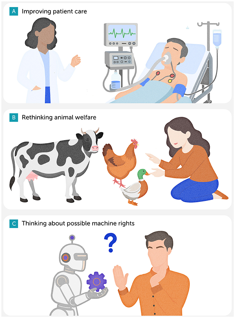 A three-panel illustration. Panel A: A healthcare worker gestures towards a patient on a ventilator, with a medical monitor displaying vital signs. Panel B: A person crouches near a cow, chicken, and duck, extending a hand, suggesting animal care. Panel C: A robot holding a gear faces a person pondering, with a question mark indicating contemplation of machine rights.