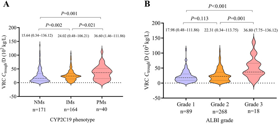 Violin plots comparing VRC Ctrough/D values. Graph A shows CYP2C19 phenotypes: NMs (mean 15.64, n=171), IMs (mean 24.02, n=164), PMs (mean 36.60, n=40) with significant differences. Graph B shows ALBI grades: Grade 1 (mean 17.98, n=89), Grade 2 (mean 22.31, n=268), Grade 3 (mean 36.80, n=18) showing statistical significance between Grades 1 and 3, and Grades 2 and 3.