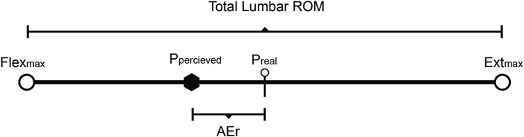 Diagram showing total lumbar range of motion (ROM) with two parallel lines. The top line represents the full ROM, marked from Flexmax to Extmax. The bottom line illustrates perceived (Ppercieved) and real (Preal) positions, with a section labeled AEr.