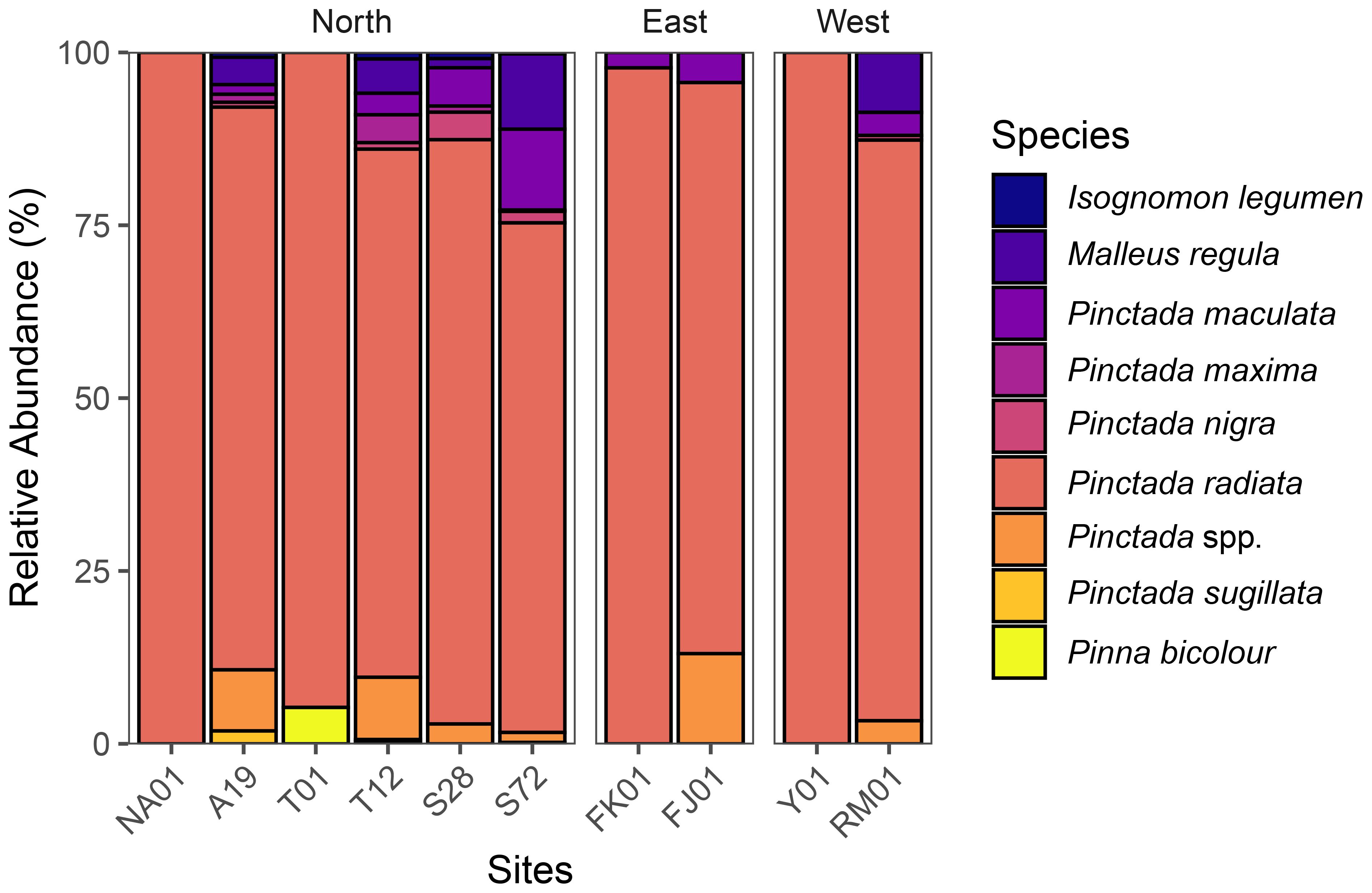 Bar chart showing the relative abundance percentage of various mollusk species across three regions: North, East, and West. The North region has several species, with “Pinctada maculata” and “Pinctada nigra” showing notable presence. In the East and West, “Pinctada maculata” dominates. The species are color-coded, with a legend indicating each species.
