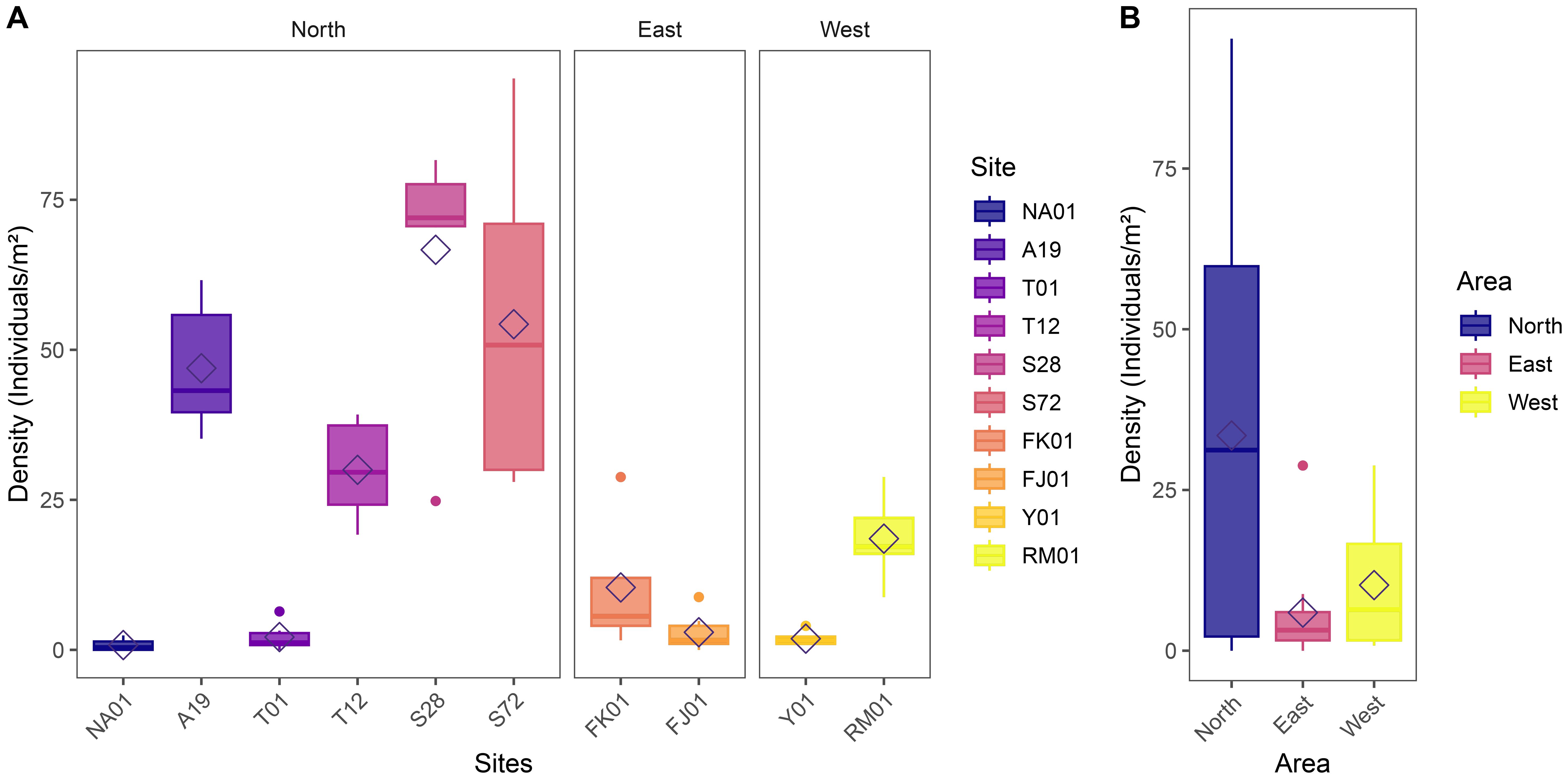 Box plots showing density of individuals per square meter at various sites grouped into North, East, and West areas. Panel A displays individual site comparisons, while Panel B provides area comparisons. Colors indicate areas: blue for North, pink for East, yellow for West.