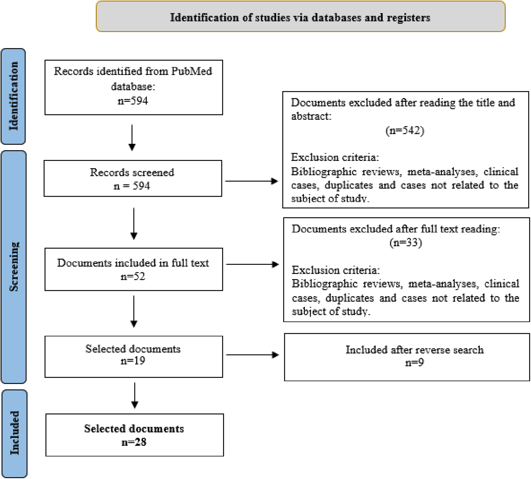 PRISMA-style flow diagram illustrating the study selection process for a systematic review. From 594 records identified in the PubMed database, 542 were excluded after title and abstract screening based on criteria such as bibliographic reviews, meta-analyses, clinical cases, duplicates, or irrelevance. Of the remaining 52 full-text documents, 33 were excluded for similar reasons. Nineteen studies were selected, with an additional 9 included through reverse search, resulting in 28 total selected documents.