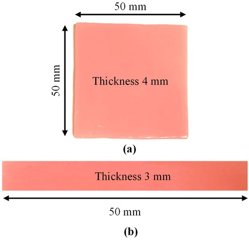 Two images labeled (a) and (b) show pink rectangular materials. Image (a) is a square with 50 millimeters on each side and a thickness of 4 millimeters. Image (b) shows a rectangular strip, 50 millimeters long, with a thickness of 3 millimeters.